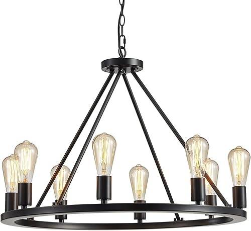 Miniatura 2 de Saint Mossi Famhouse - Lámpara de araña con 8 luces, estilo rústico vintage, lámpara de araña de granja, lámpara de rueda de carro, acabado de