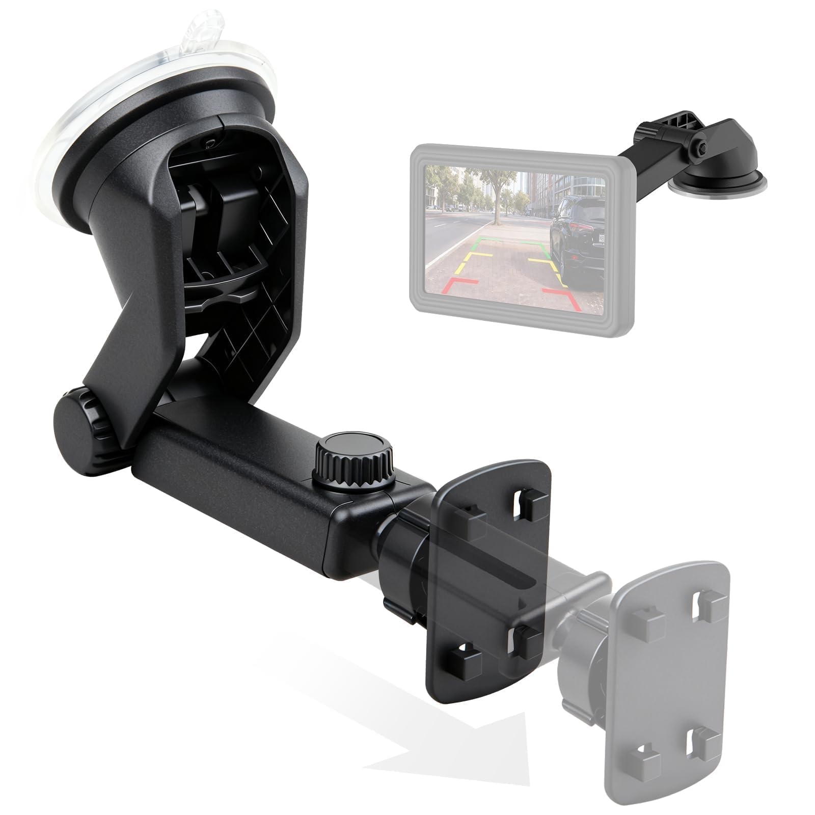 EWAY Suction Cup Mount for CarPlay Display Backup Camera Monitor Extended Arm with 360 Rotation 4-Tab Bracket Replacement