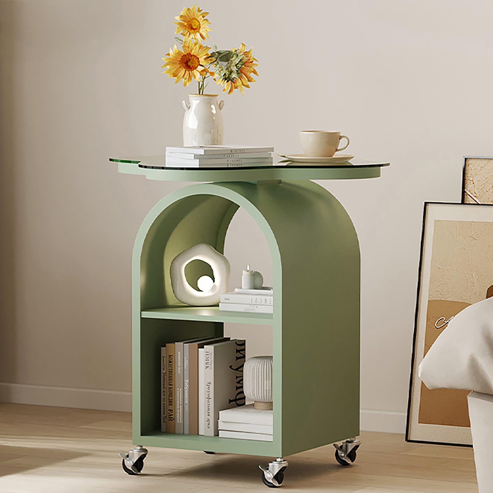 SXZenSpace Rolling End Table with Wheels Four Leaf Clover Glass Tabletop Sofa Side Arched Double Layer Design Mobile Coffee Tables(Green)