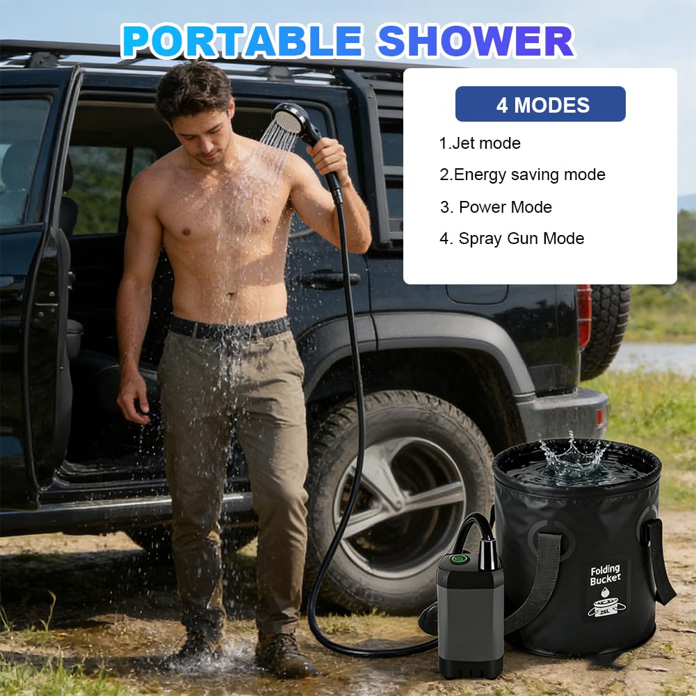 Kit de douche de camping 2026, batterie 6000 mAh/8000 mAh et écran intelligent, seau de 5 gallons, pommeau de douche 4 modes pour les voyages en plein air, accessoires de camping