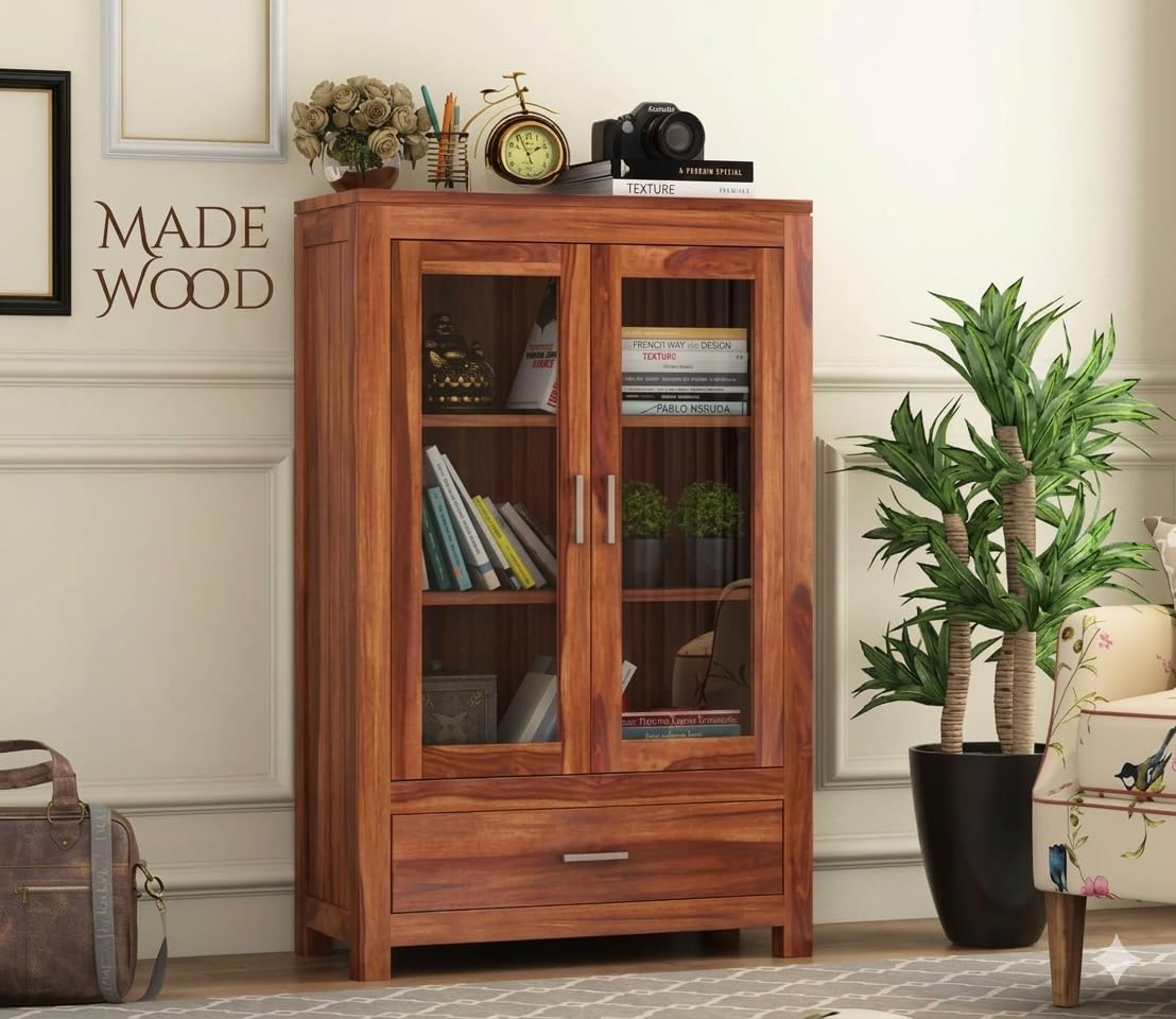 Sheesham Wood Multipurpose Kitchen Crockery Cabinet Display Rack with 2 Door and 1 Drawers for Kitchen/Living Room| Solid Wooden Book Shelf for Home Office (Honey Teak)-image-49