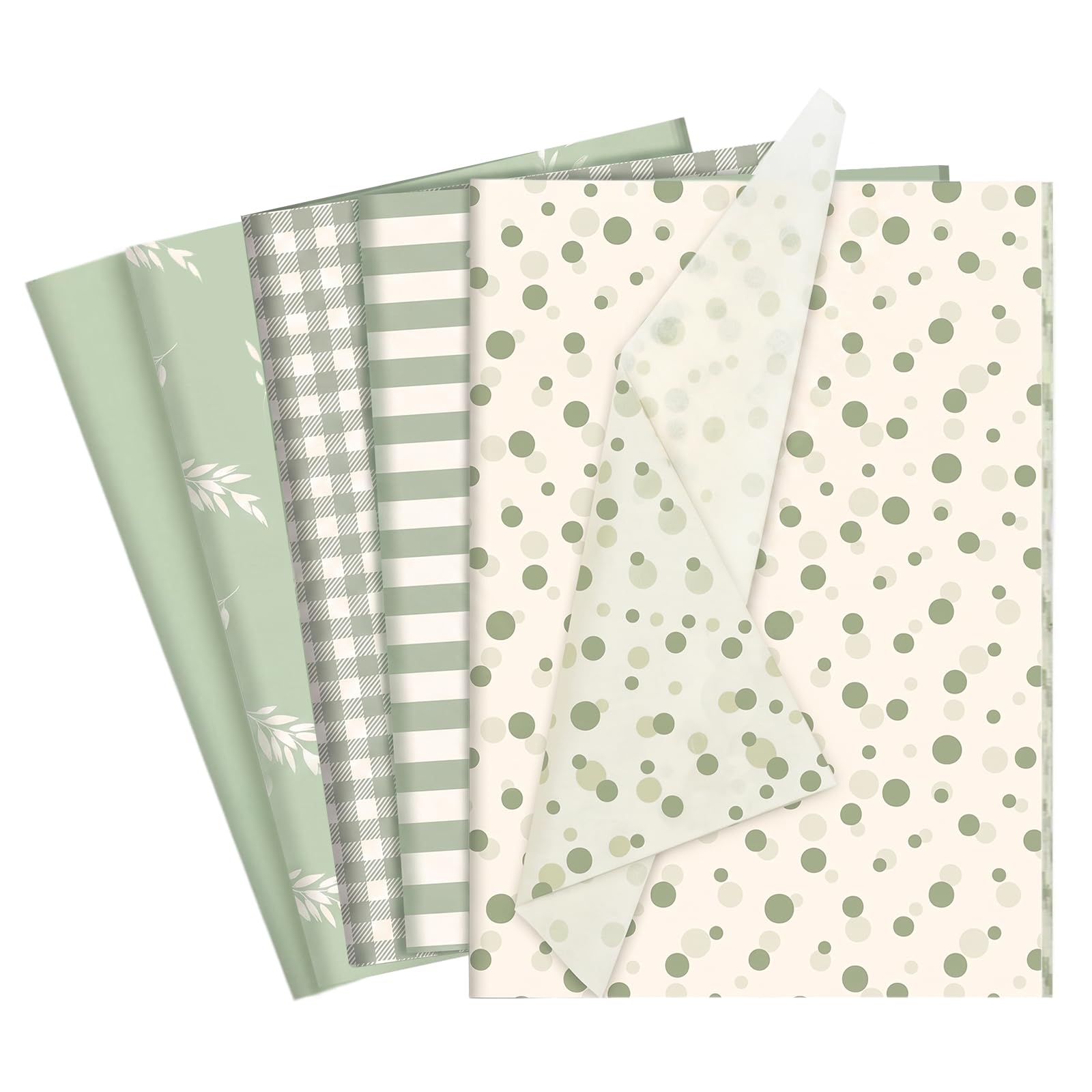 Flintronic 60 Sheets Sage Green Tissue Paper for Wrapping Gifts, 35×50cm, Sage Green/Dot/Stripe/Grid/Botanical 5 Design for Gift Wrapping, Bouquet Packaging, Arts Crafts, Party Festival