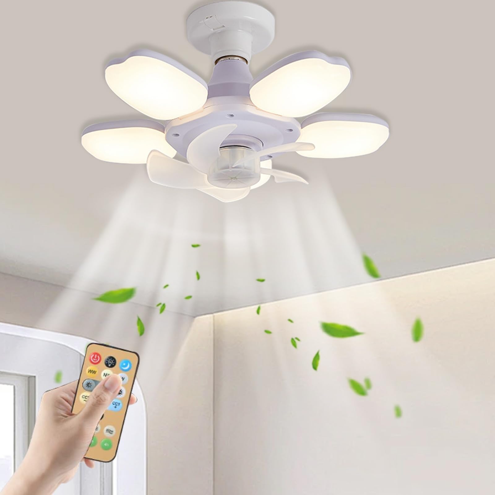 HXYSXHJUO E27 Ceiling Fans with Lights, Foldable Lamps, White Silent Five-Blade Apple Fan Light and Remote for Bedroom, 3 Wind Speed Dimmable Timing Function