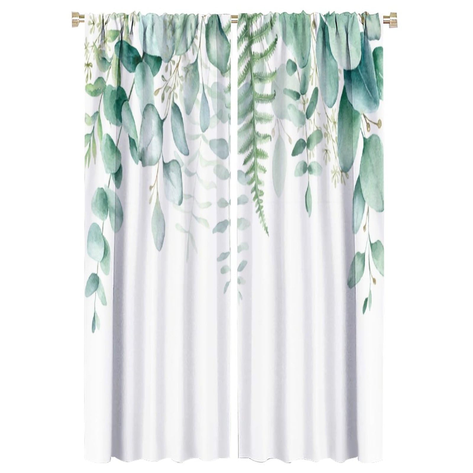 Green Eucalyptus Leave Curtains Watercolor Sage Spring Botanical Blackout Print Rod Pocket Window Drapes for Bedroom Living Room 52x84in