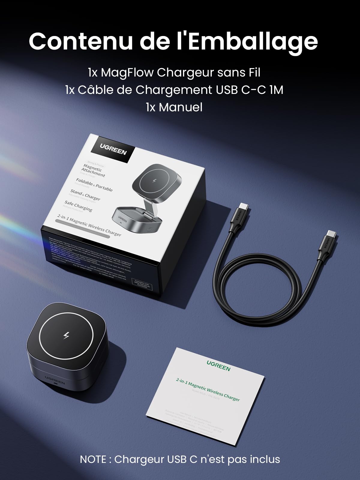 UGREEN Zapix Chargeur Induction iPhone 2 en 1 Qi Compatible avec MagSafe iPhone 17 16 15 14 13 12 Air Plus Pro Max AirPods 4 3 Pro 3 2 1 Chargeur sans Fil Magnétique Rapide Pliable Angle Réglable