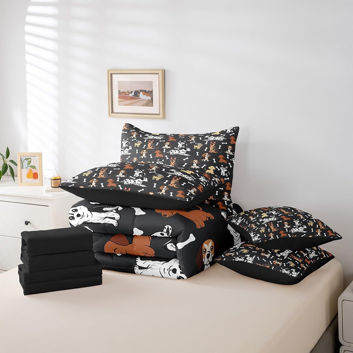 Feelyou Puppy Dog Comforter Set with Sheets Queen Size Cute Bed in a Bag for Boys Girls Teens Kawaii 7 Pieces Bedding Set Bones Bed Set Room Decor