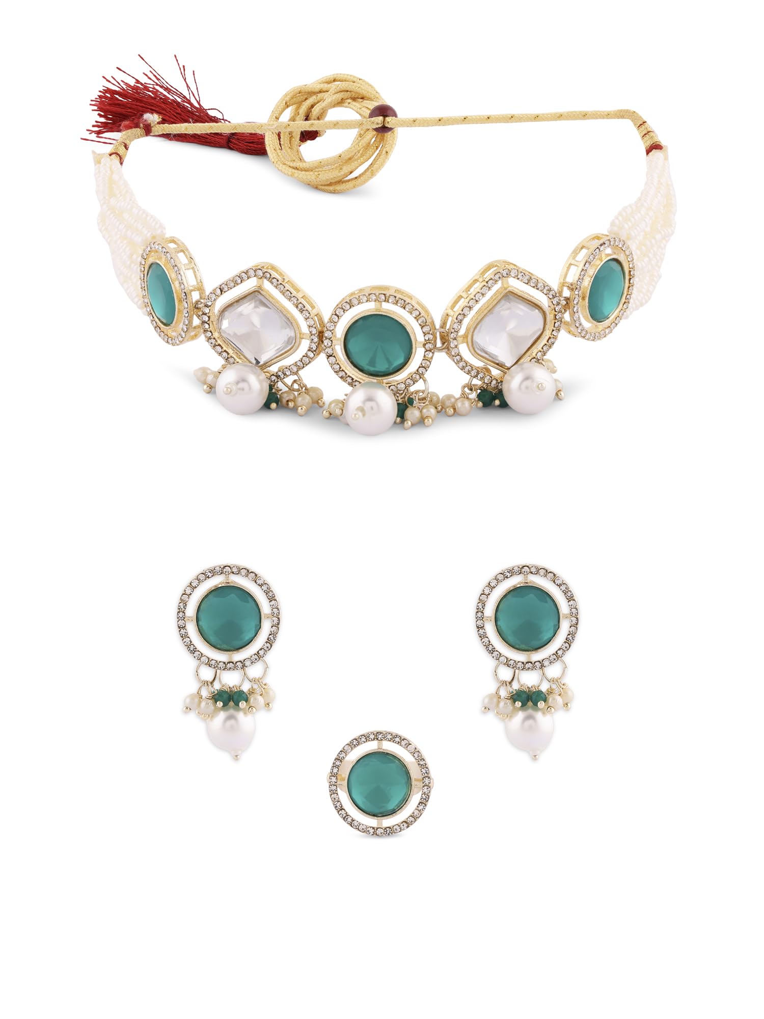ZAVERI PEARLS Green Austrain Diamonds Multistrand Pearls Choker Necklace Earring & Ring Set For Women-ZPFK16727 (B0CL2DFLVS) Amazon Price History, Amazon Price Tracker