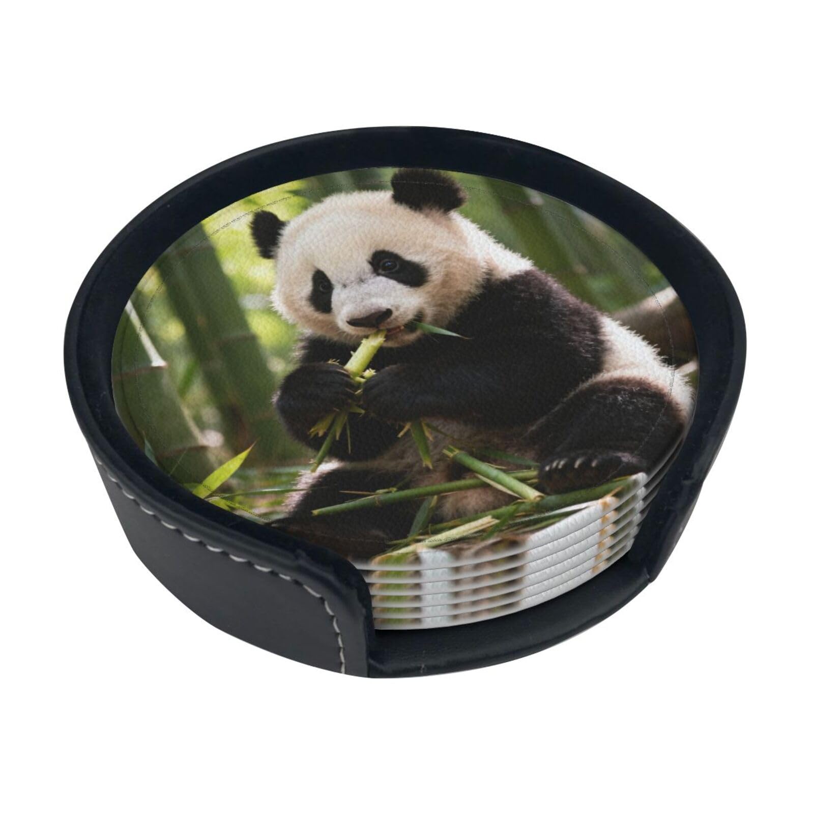 Cntdbu White Giant Panda Leather Coasters Set Of 6-Pu Leather Drink Mats For Table, Heat Resistant Round Coasters With Holder