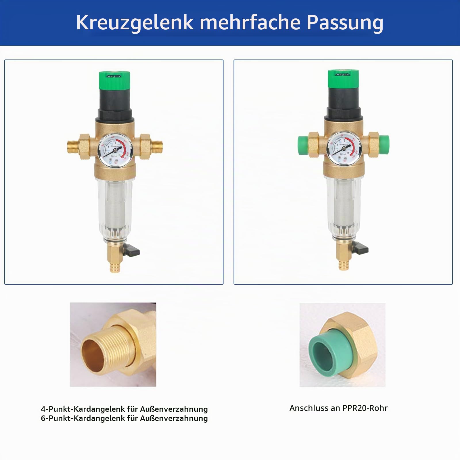 Rückspülfilter, Druckminderer Wasserfilter mit Manometer, Wasserdruckminderer, Wasser Vorfilter Sedimentfilter, Ausspülbarer Feinfilter, Spin Down Sediment Wasserfilter (1" mit 3/4" Adapter)