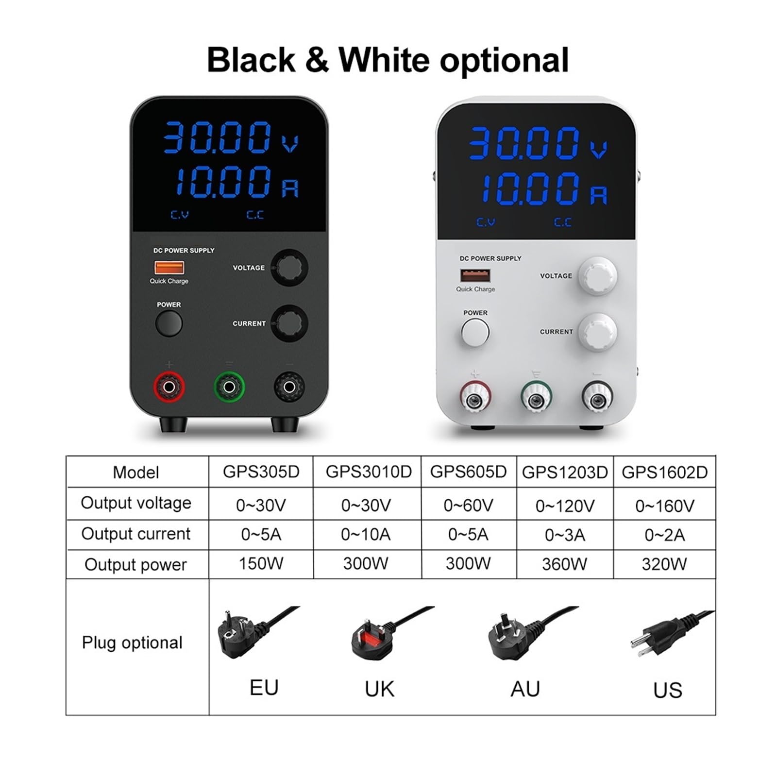Fuente de alimentación de 30V 10A CC Ajustable 60V 5A 120V 3A Fuentes de alimentación de Laboratorio for reparación de teléfonos Fuente de alimentación (Color : GPS3010D White)
