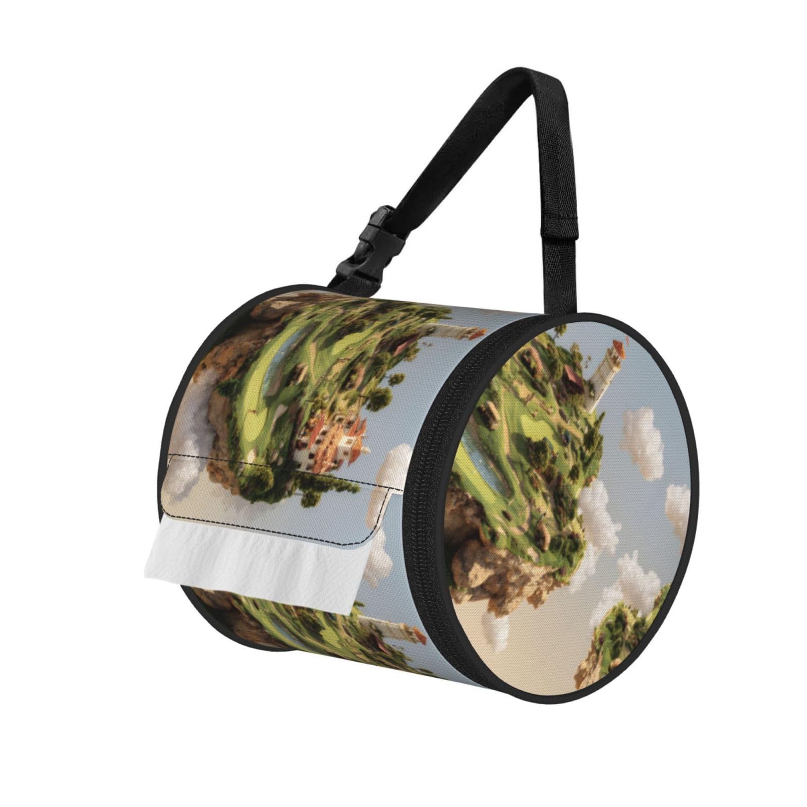 Golf Course Printed Cylindrical Tissue Bag Portable Oxford Cloth, Foldable Travel Tissue Holder With Zipper And Adjustable Belt