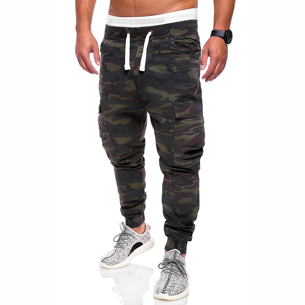 Pantalones cargo de camuflaje para hombre, jeans de camuflaje militar, pantalones deportivos de combate con cordón elástico en la cintura con bolsillos, pantalones de chándal ajustados con puños y
