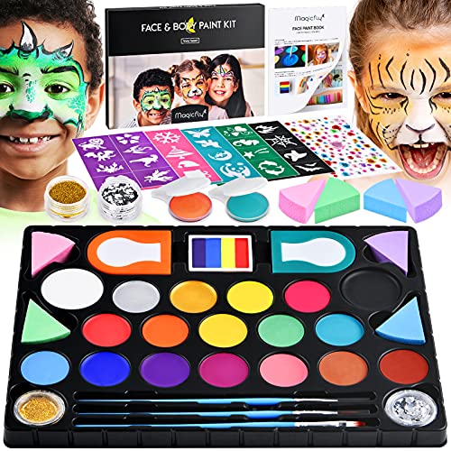 Magicfly Face Body Paint Kit for Kids-18 Colors Halloween Makeup Kit, Professional Face Paint Palette with Stencils, Hair-Dyeing Clip, Brushes, Non-Toxic face Paints for Party,Festival,Cosplay Makeup Magicfly Face Body Paint Kit for Kids-18 Colors Halloween Makeup Kit, Professional Face Paint Palette with Stencils, Hair-Dyeing Clip, Brushes, Non-Toxic face Paints for Party,Festival,Cosplay Makeup