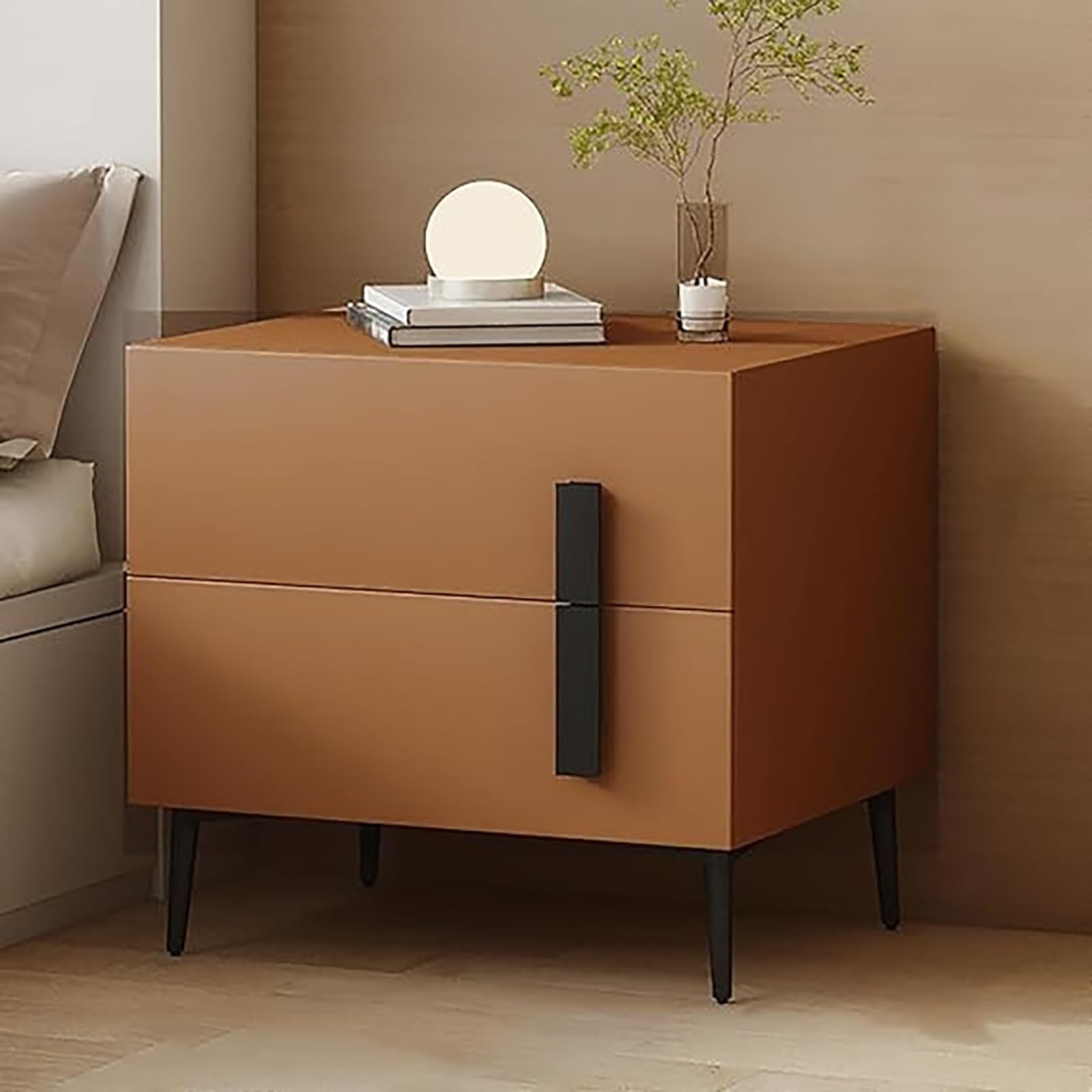 Table de chevet en bois massif et cuir rembourré chic pour chambre élégante