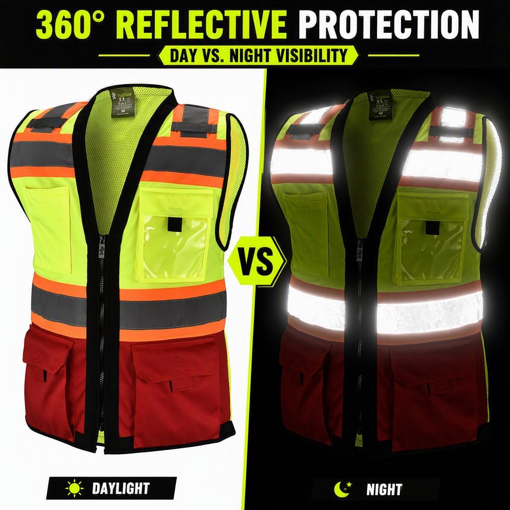 Gasoline Class 2 High Visibility Reflective Safety Vests Women & Men | With 6 Pockets And Zipper Front,Meets Ansi/Isea Standards