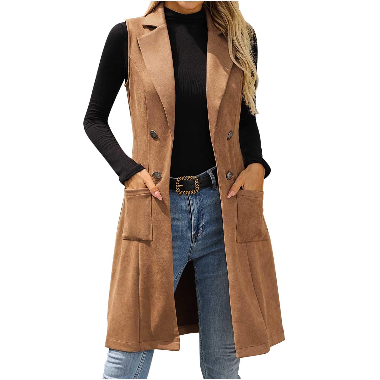 Womens Long Suede Vest Sleeveless Blazer Button Decor Open Front Jacket with Pockets Notch Lapel Dressy Suit Blazer