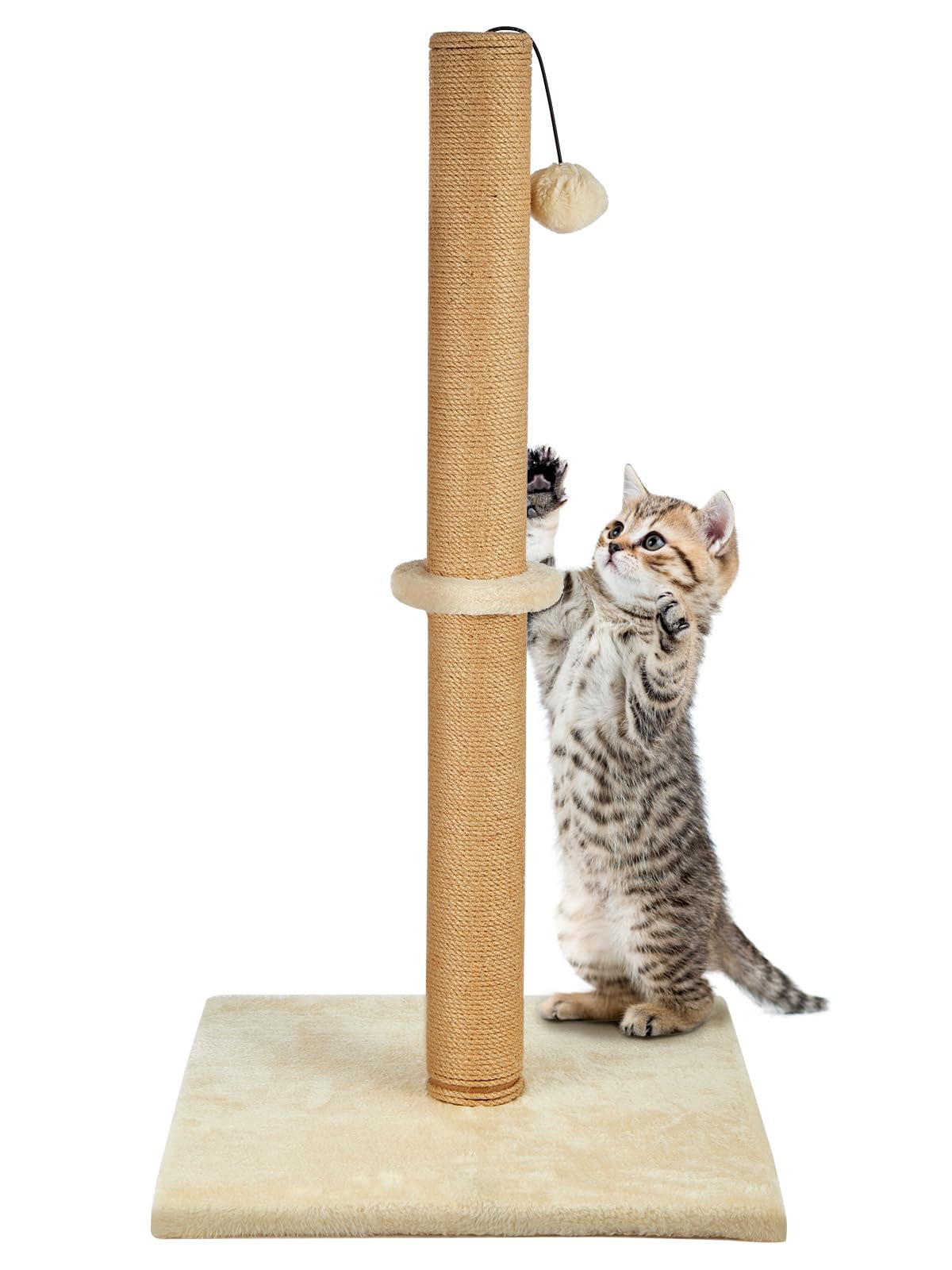 Trintion Cat Scratching Post 74cm Foldable Bottom Tall Cat Claw Scratcher with 1 Toy Ball Natural Sisal Scratch Pole and Soft Carpet Covered Heavy Base Modern Stable Design (White 74cm 1Ball)