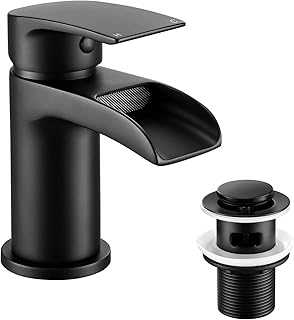 Peppermint Black Bathroom Taps with Pop Up Waste, Basin Taps Mixers Waterfall Bathroom Sink Taps with Basin Waste, Modern Single Handle Watefall Taps with Hot and Cold Water Hoses