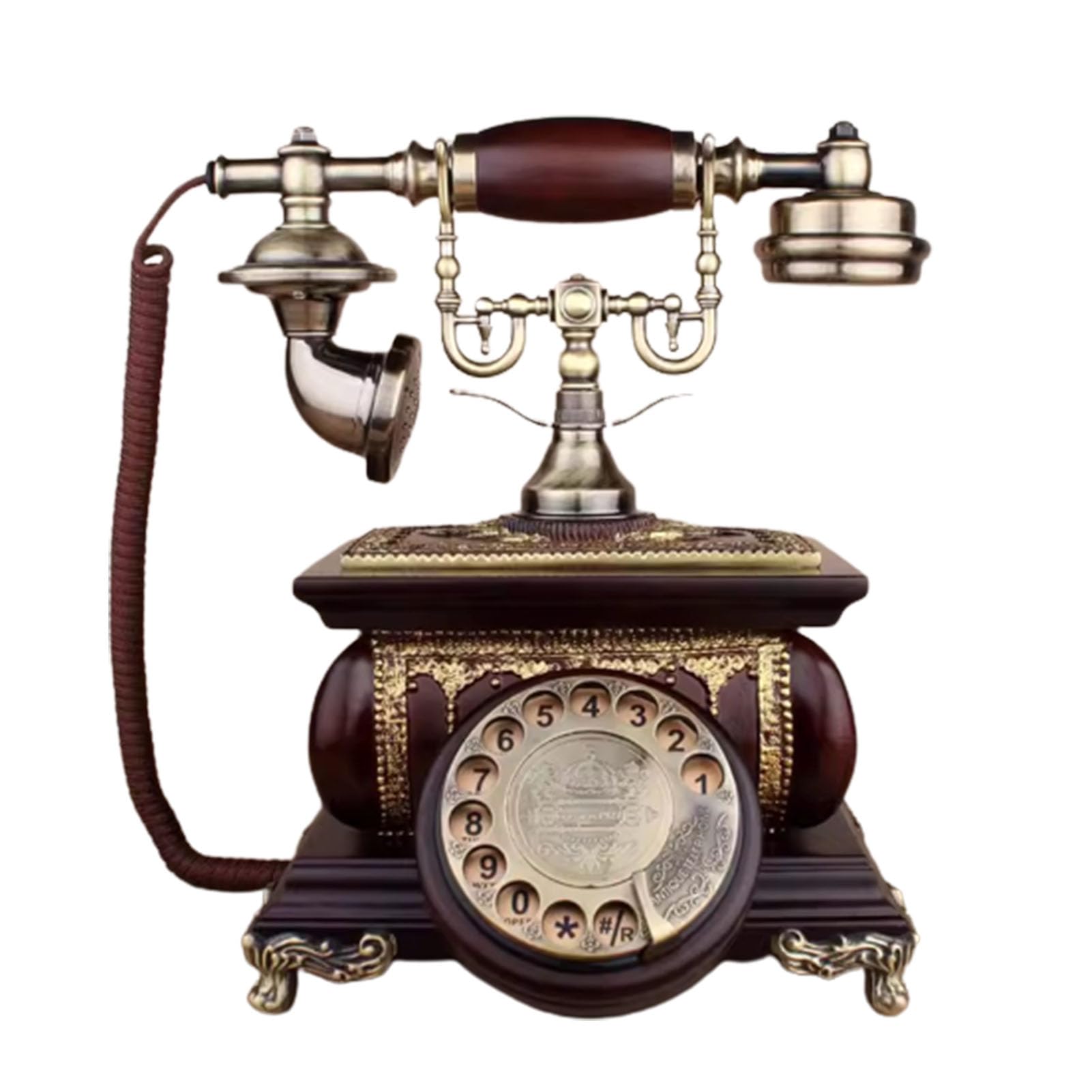 Téléphone fixe analogique rotatif en bois rétro avec fonction rappel