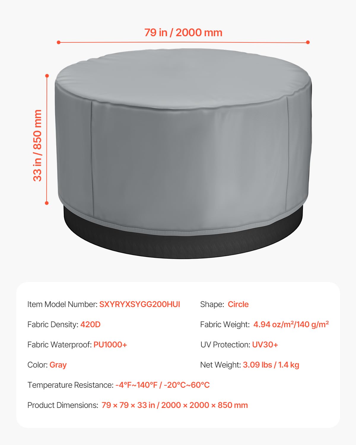 VEVOR Housse de Protection pour Spa extérieur, φ200 x 85 cm, Couverture Ronde Spa, résistante aux intempéries et à l'eau, Tissu Oxford 420D Ultra-résistant et résistance à la déchirure 950N, Gris