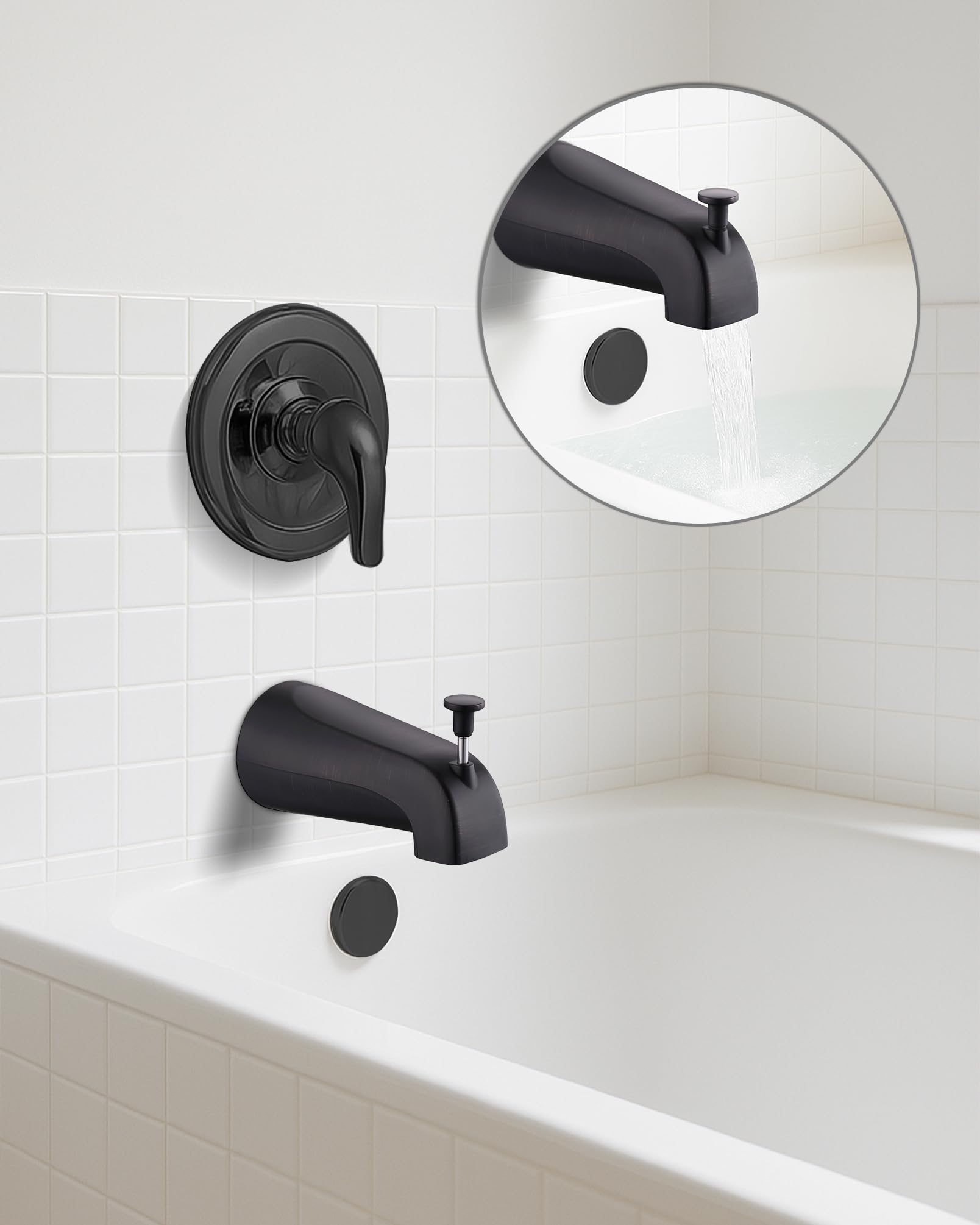 Boquilla de bañera de metal con desviador, boquilla de bañera de 5.3 pulgadas, se adapta a tubos roscados IPS de 1/2 pulgada y tubos roscados IPS de 1/2 pulgada o 3/4 pulgadas, fácil elevación para