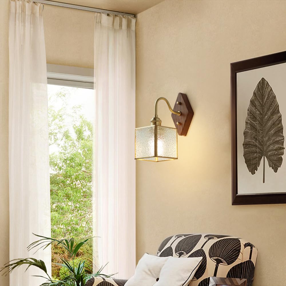 Applique da Parete Dorata, Applique Moderne con Paralume Quadrato in Vetro, Lampada da toeletta Dorata di metà secolo, lampade da Interno Vintage in Ottone, Base in Legno per Camera da Letto, Com