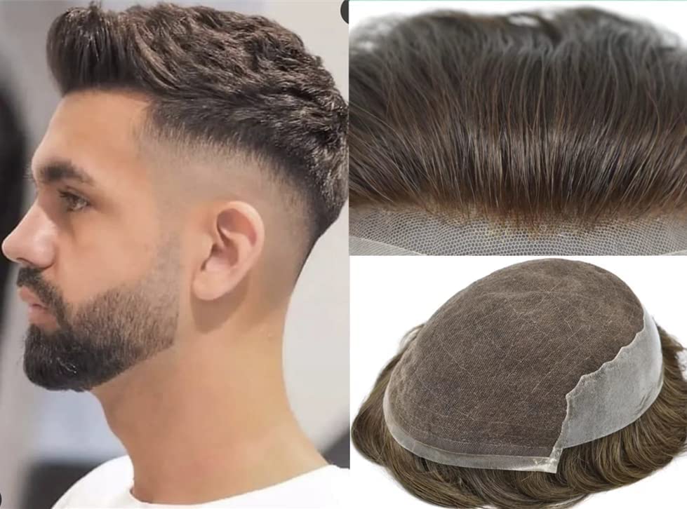 Toupee para hombres, sistema de reemplazo de cabello humano, encaje francés, nudo blanqueado, 100% atado a mano, piezas de cabello humano real