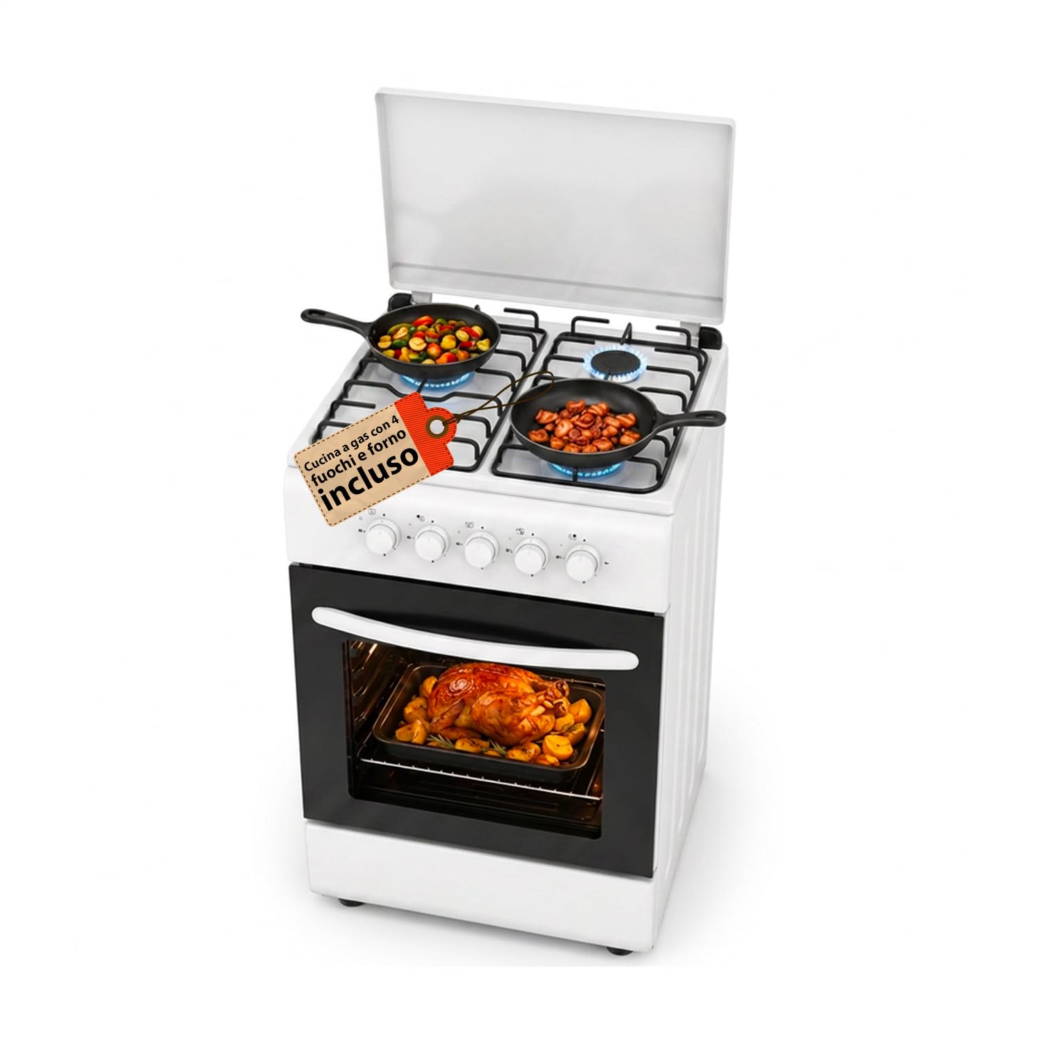 Cocina de gas de 50 x 50 cm con horno de gas de 49 litros y 4 fuegos de diferente potencia, cocina a gas libre instalación con válvulas de seguridad, tapa y parrillas esmaltadas (blanco)