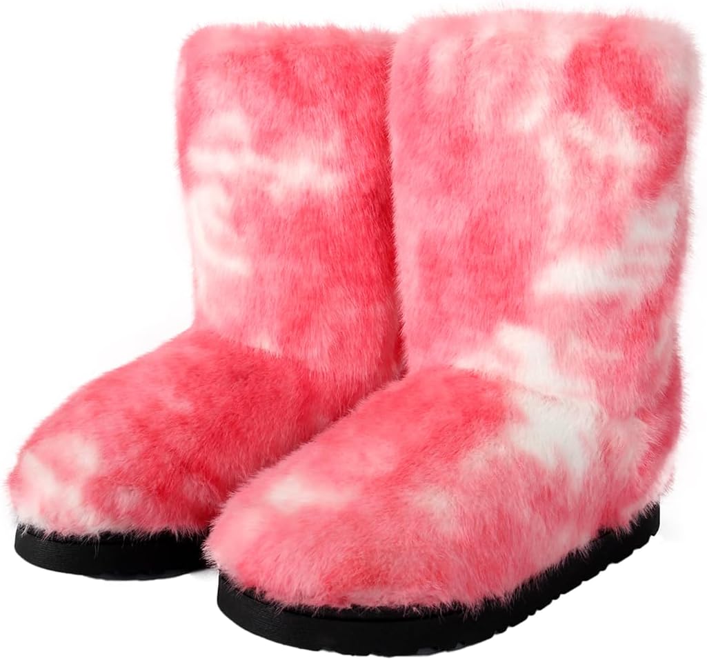 Women Faux Fur Boots Furry Plush Winter Fashion Shoes Fluffy Warm Snow Boots Mid-Calf Comfortable Outdoor Flat