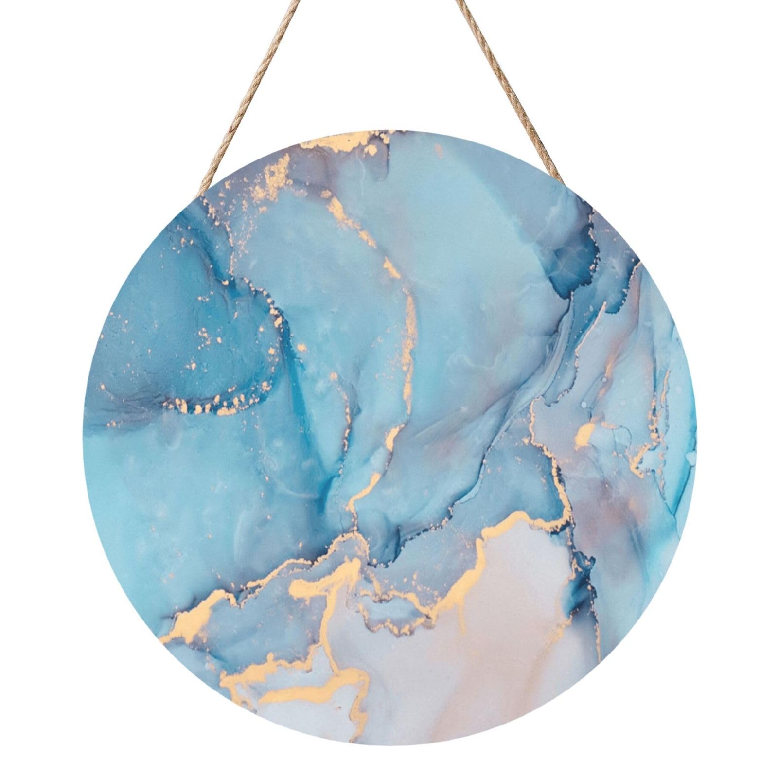 InOmak Blue Gold Marble Texture Ocean Art, Round Wood Panel Painting 12 in, Wall Hanging Painting For Home