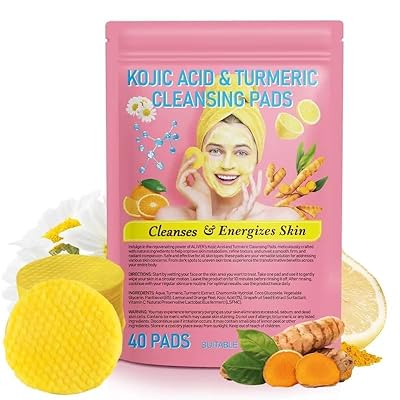 Kojic Acid and Turmeric Cleansing Pads,Turmeric Cleansing Pads,Natural Turmeric Face Cleansing Pads,Enriched Vitamin C,Exfoliating, Unclog Pores,Helps Balance Skin Oil 1 Bag40 Pads