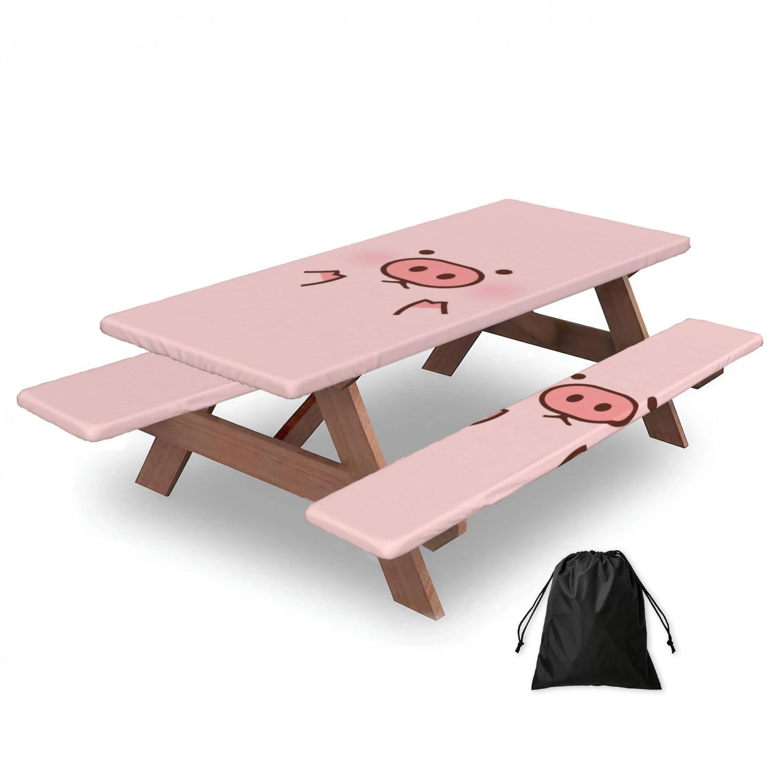 Duwaa Black Cute Pig Print 183Cm Picnic Table Cover With Bench Covers, Waterproof Elastic Tablecloth Set For Outdoor