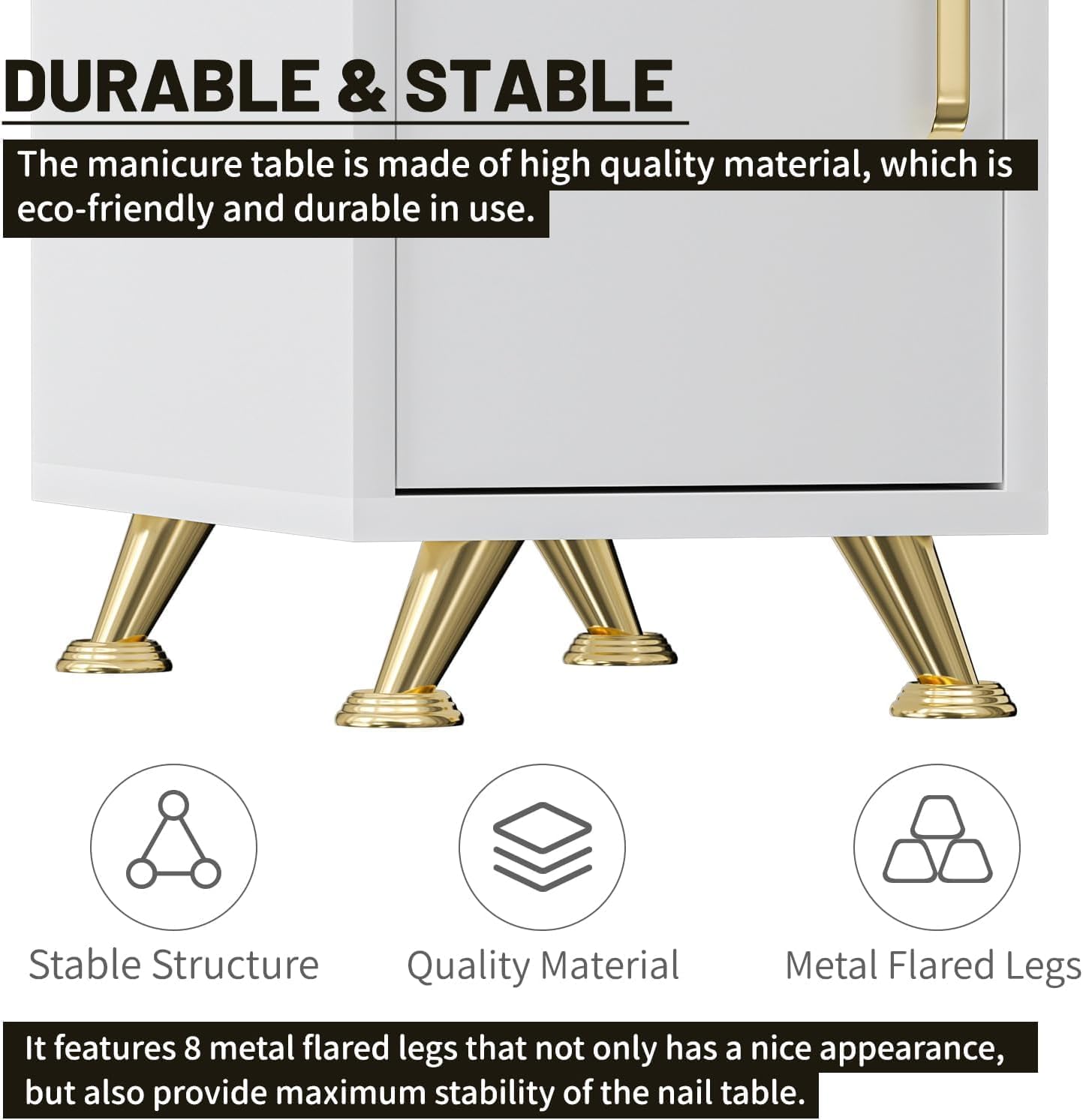 Manicure Table Acetone Resistant Nail Tech Desk White-Gold, Professional Nail Station with 3 Drawers & 2 Cabinets for Salon, Beauty & Home Beauty Use