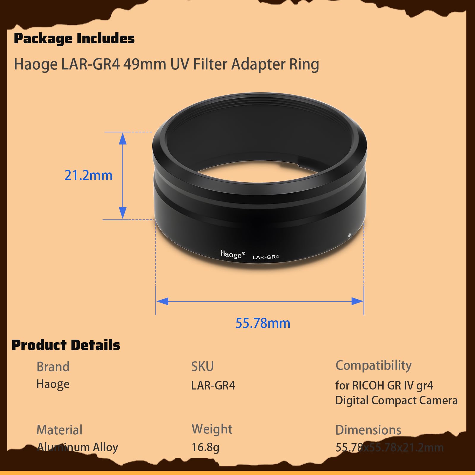 Haoge 49 mm UV-Filter-Adapterring für RICOH GR IV gr4 Digitalkameraobjektiv für GT-2 GW4 Weitwinkelobjektiv ersetzt GA-3, LAR-GR4