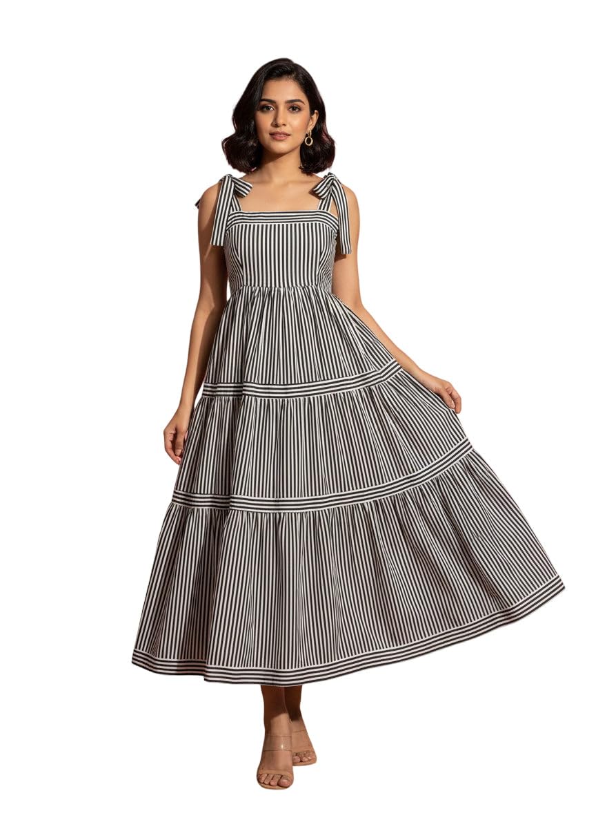 sheetal associates Women Black & White Striped Fit & Flare Maxi Dress | Sleeveless Tie-Up Shoulder | Square Neck | Flowy Tiered Casual & Summer Wear Dress-picture-13