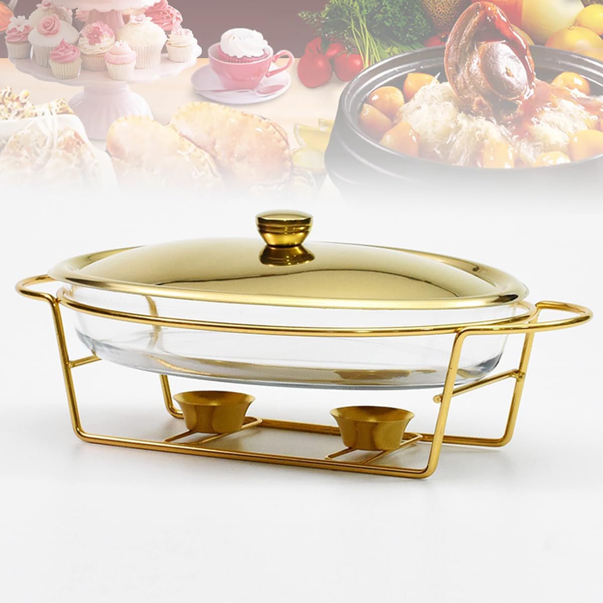 Catering Insulation Tray3L Food Warming Container Chafing Dish Buffet Set with Glass Pot Metal Lid Stainless Steel Stand Heat Container for Parties Buffets,Gold