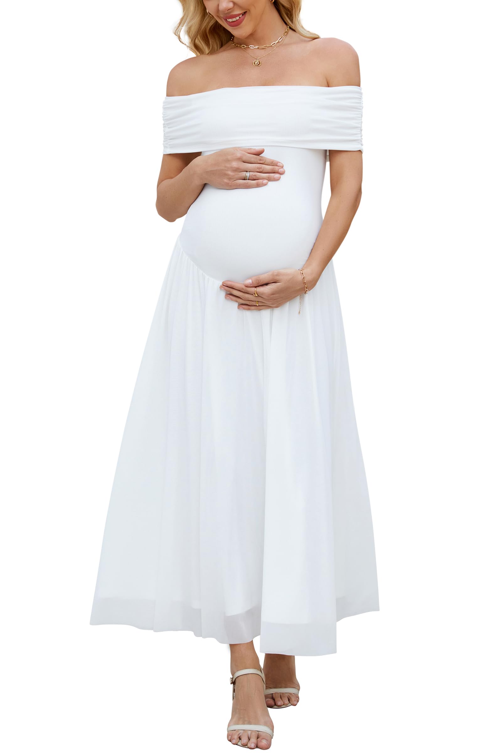 OUGES XL Women's 2025 Summer Spring Off The Shoulder Mesh Maxi Maternity Baby Shower Dresses for Photoshoot Party Wedding Guest Sleeveless Pleated Formal Long Flowy Pregnancy Must Have Clothes(White,XL)