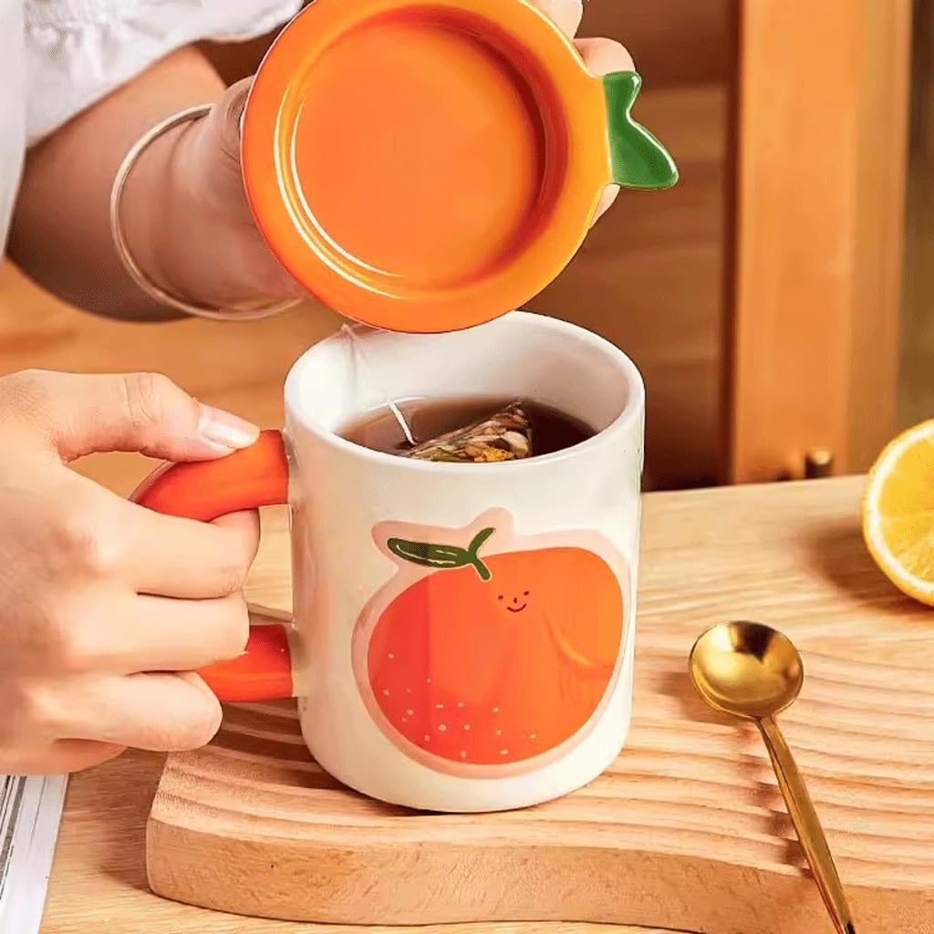 Tazza di Vetro, Tazza da tè, Tazza da caffè di Grande capacità con Coperchio, Frutta, Tazza d'Acqua per Ragazze Carine, Tazza per la Colazione casalinga (A)