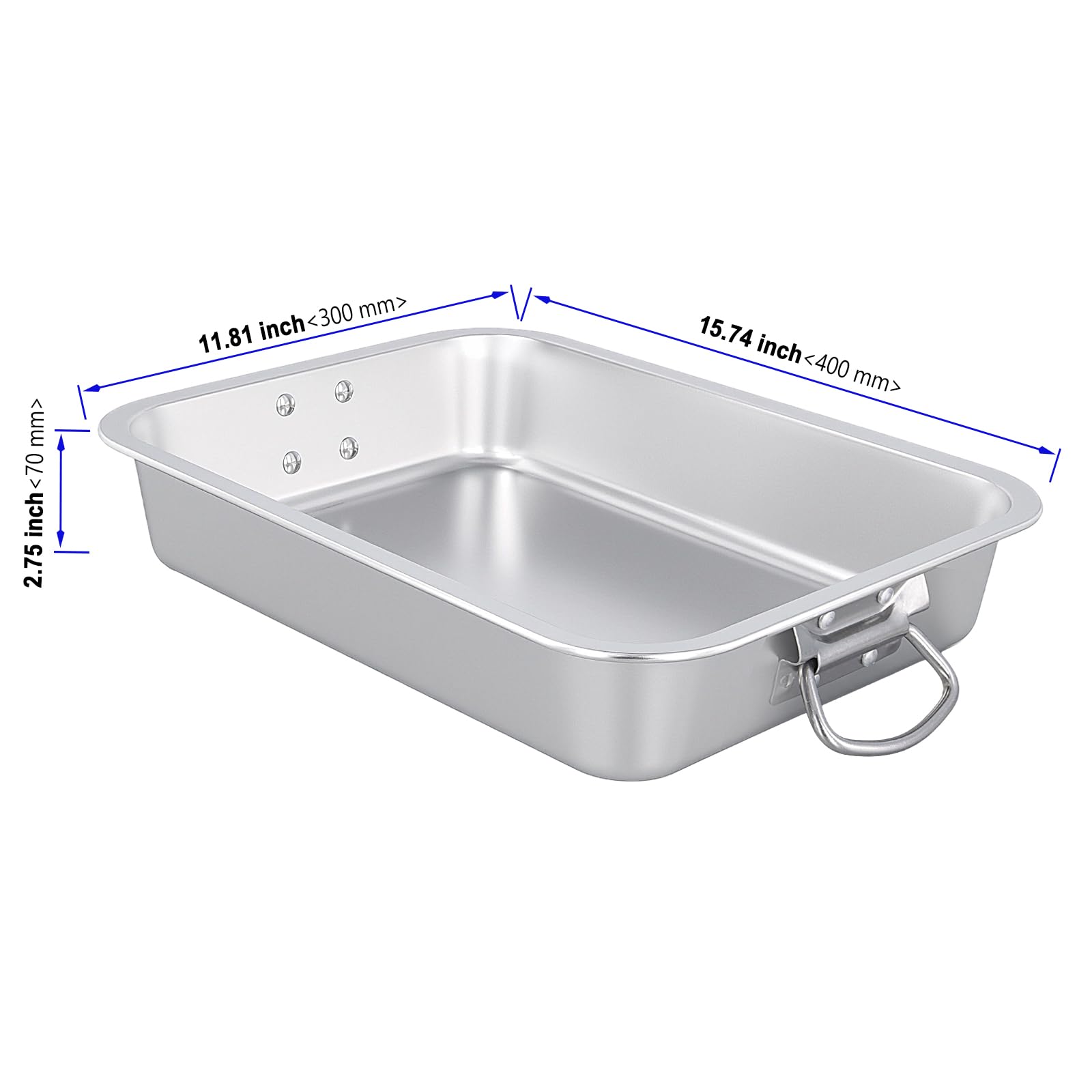 2 sartenes profundas de acero inoxidable, bandeja grande para asar con asas plegables, 40 x 30 x 7 cm, bandeja rectangular para asar carnes y verduras, apta para horno