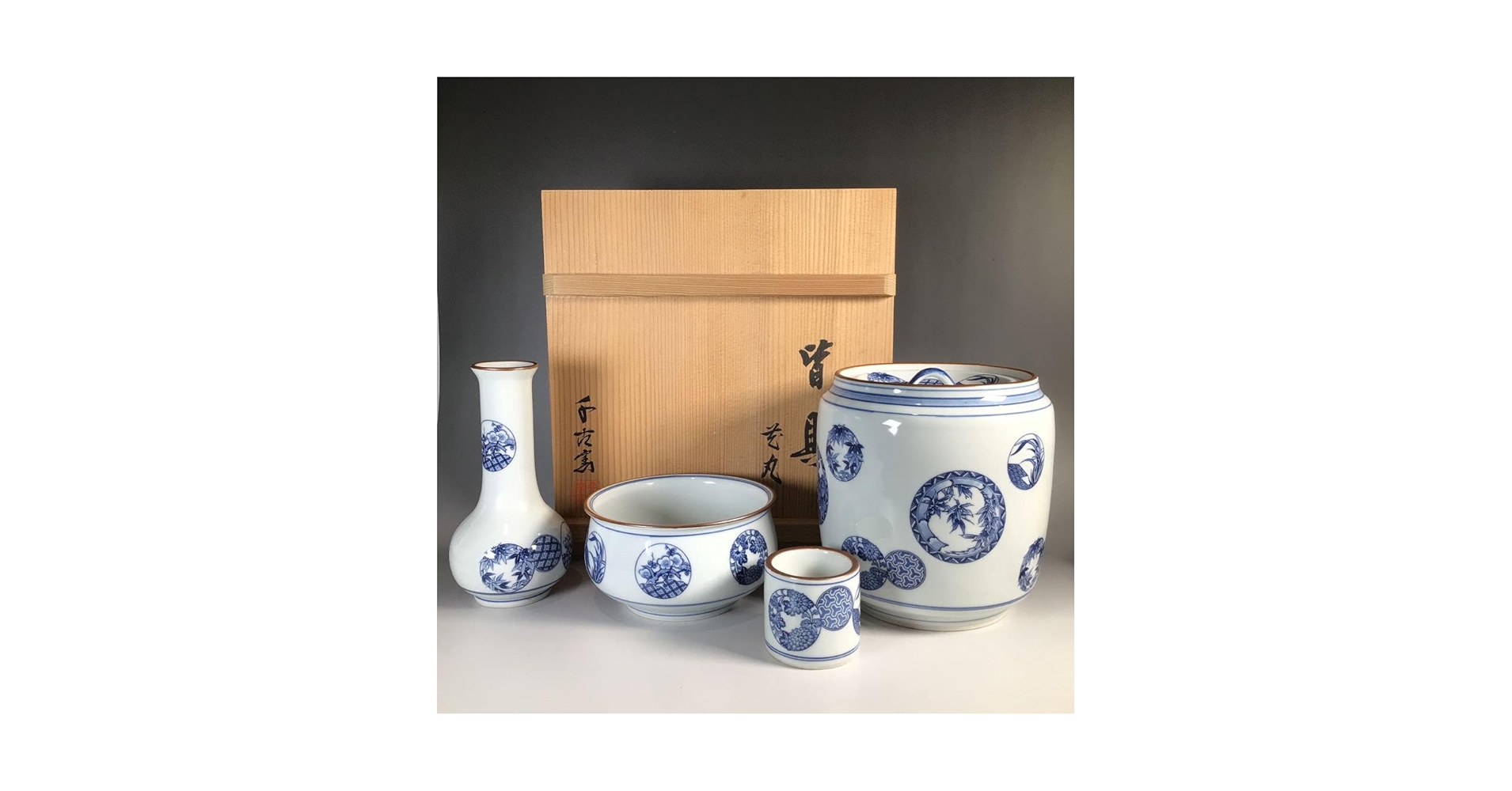 Ｎ１３１　皆具　『千古窯造』『染付花丸文』『水指　建水　蓋置　杓立』　共箱 Amazon.co.jp: N131 皆具 『千古窯造』『染付花丸文』『水指 建水