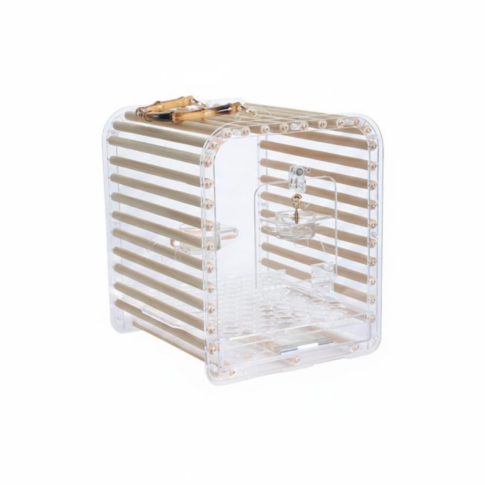 Jaula para Pájaros Portátil Jaula Transportín Aves Caja Acrílica Transparente con Asa de Bambú y Estructura Rígida con, Pequeño, Techo Plano