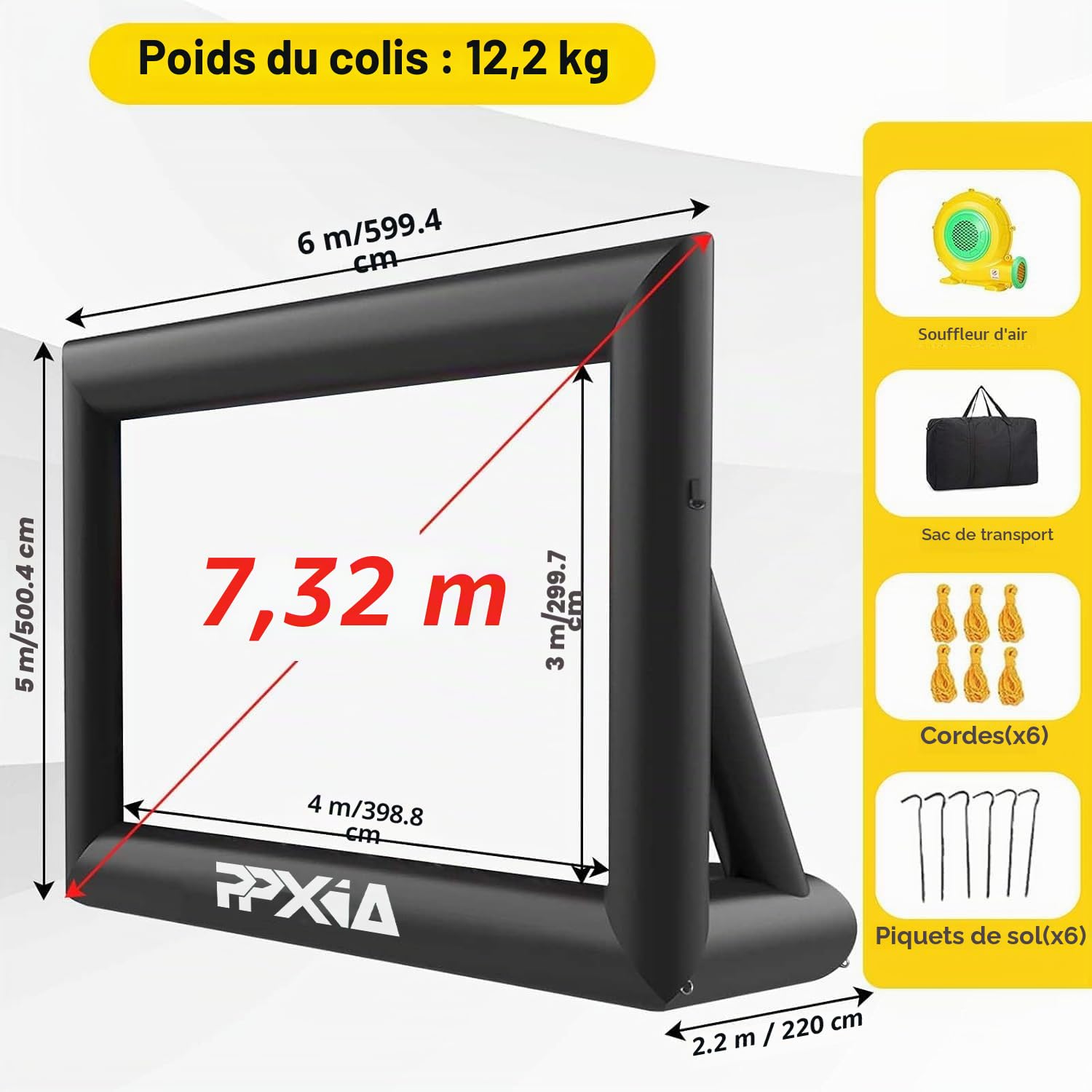Écran de projection gonflable 24 FT avec support et ventilateur, projection avant et arrière, intérieur/extérieur, écran portable 16:9