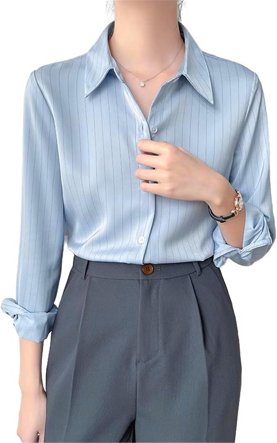Womens Dressy Business Casual Blouse Blue08 Striped Spring Fall Work Office Professional Satin Shirt for Women
