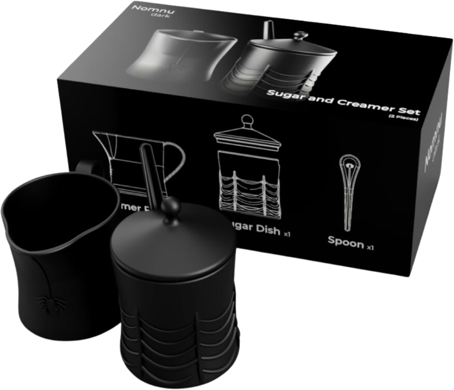 New - Nomnu Black Spiderweb Sugar and Creamer Set. Ceramic Sugar Bowl with Lid and Spoon, and Creamer Pitcher. Gothic Decor, Perfect for Goth Lovers, Includes Spider-Embossed Design