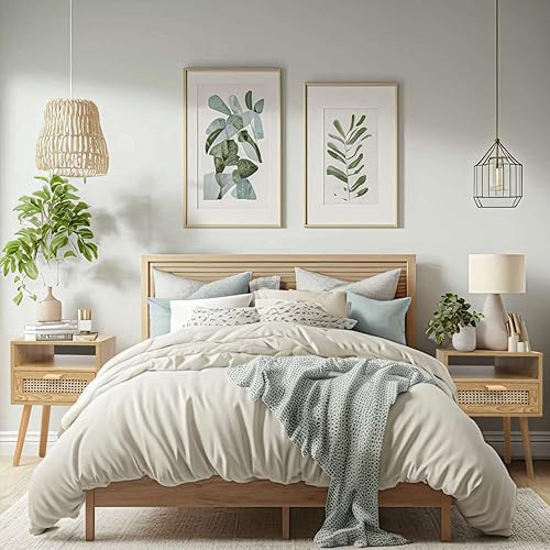 Miniatura 2 de Mesita de noche de ratán moderna Mid-Century (2 juegos), mesa decorativa de madera bohemia con cajón de almacenamiento, mesita de noche para