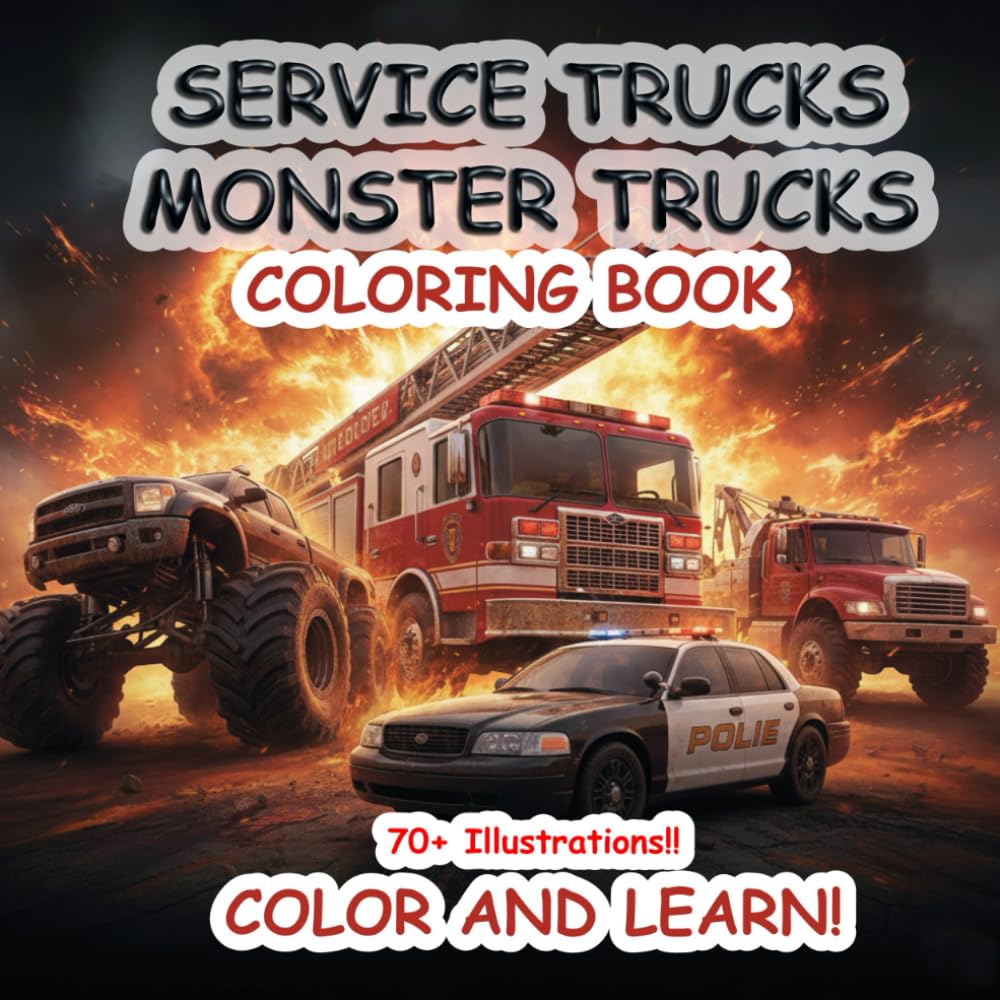 SERVICE TRUCKS, EMERGENCY TRUCK, MONSTER TRUCKS - coloring book and labeling parts: The Ultimate "Color & Learn" Vehicle Adventure - 70+ Epic ... monster trucks, and specialized SAR units.