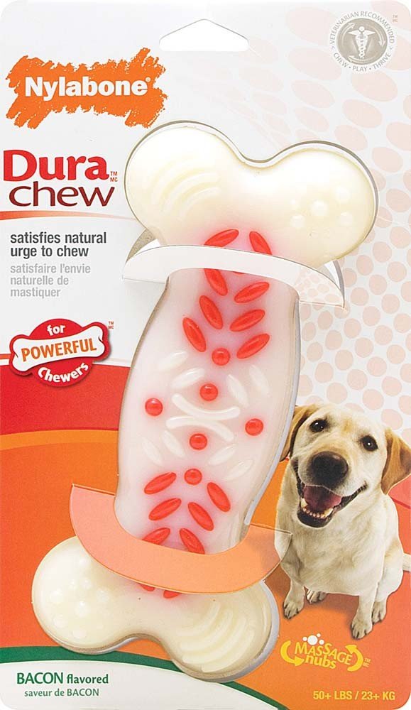 Nylabone Extreme Tough Dog Chew Toy Dura Plus, Ridges & Nubs Help Clean Teeth, Bacon Flavour, L, for Dogs Up to 23 kg