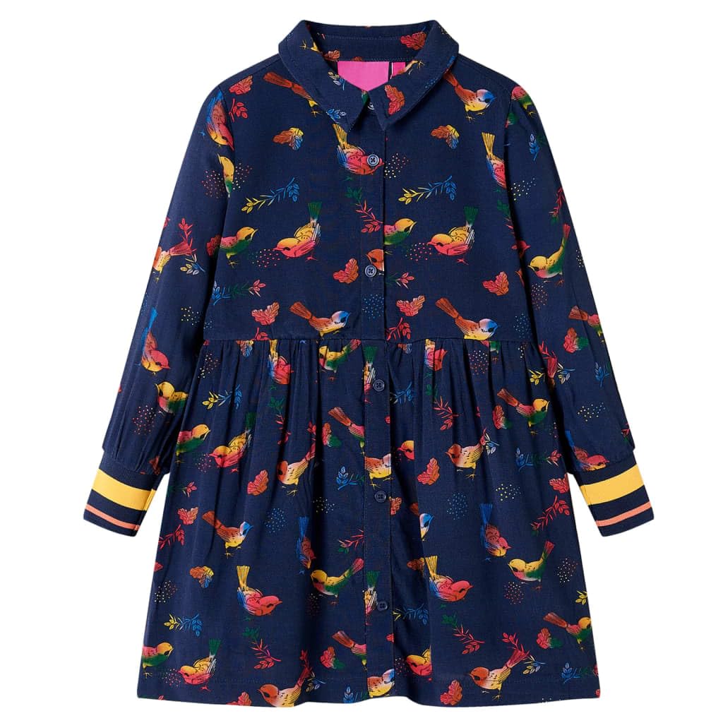 Vestido infantil de manga larga azul marino para niñas, adecuado para uso diario, cumpleaños, fiestas y vacaciones, de mezcla de viscosa y poliéster, transpirable, largo hasta la rodilla, con
