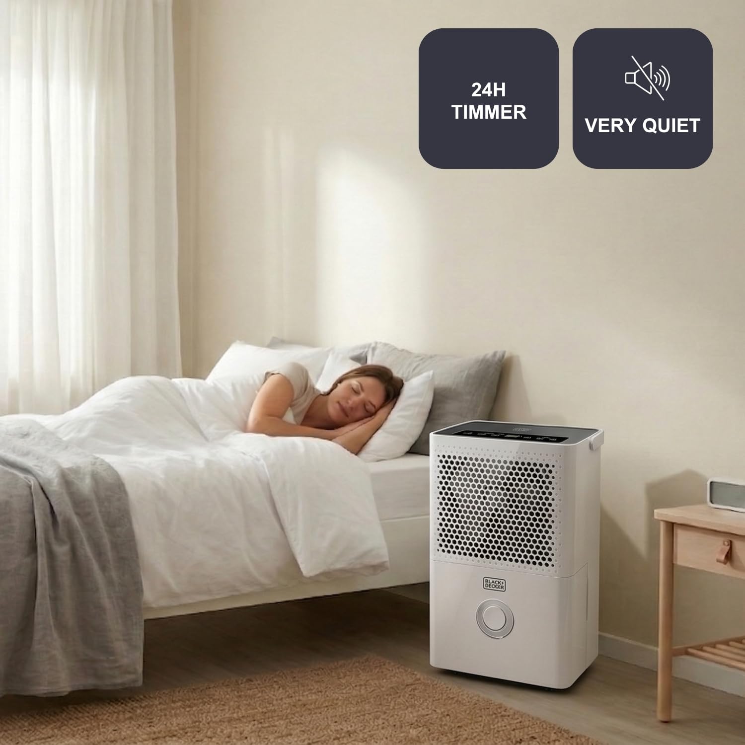 BLACK+DECKER BXDH12E osuszacz powietrza, 12 l/24 h, funkcja suszenia, 2 prędkości, pojemnik 1,8 l, programowalny 24 godziny, wyjmowany i nadający się do prania filtr, do 25 m², cichy