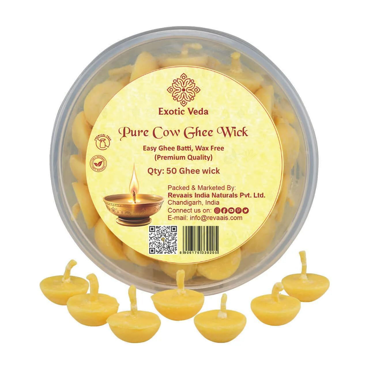 EXOTIC VEDA Cow Ghee Batti Cotton Wick - Organic, Handcrafted, Non-Toxic, Puja Items | Ghee Wicks for Pooja | Long-Lasting, Aromatic Diya Wicks for Pooja | Eco-Conscious, Clean-Burning Pack of 50